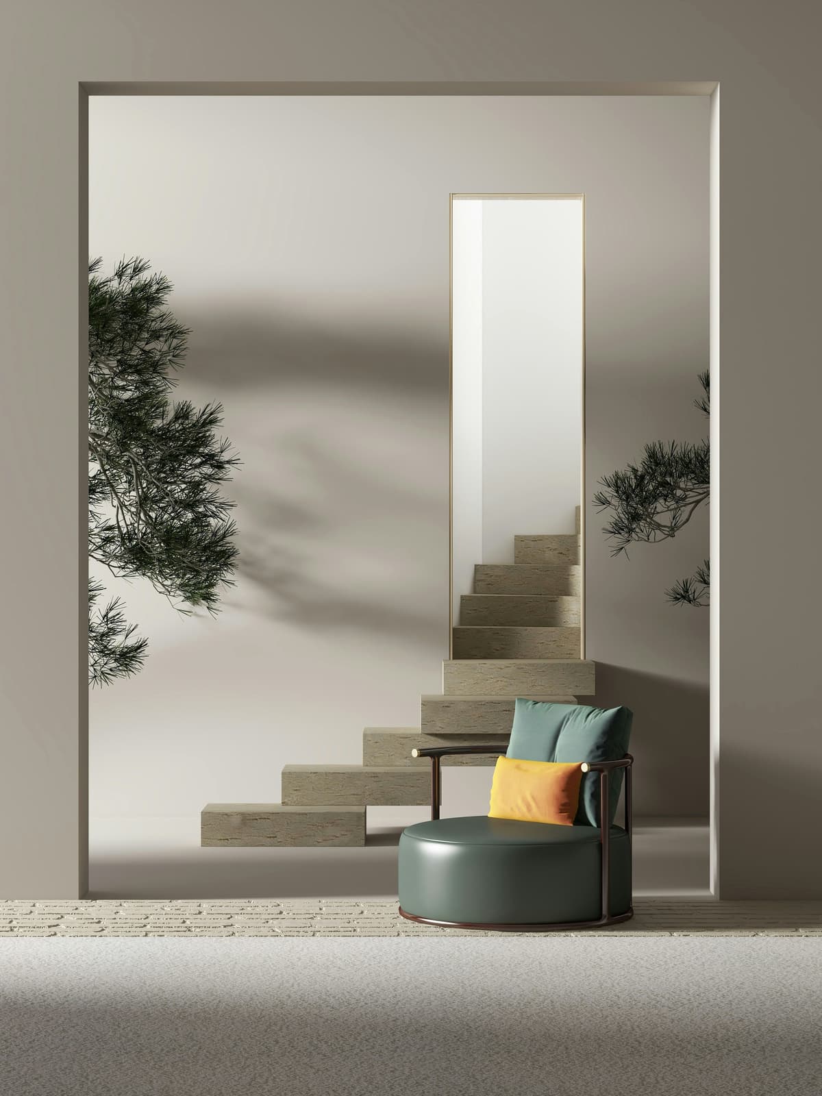 Staircase with soft grey painted walls and a reading chair